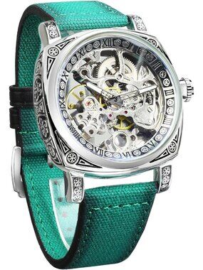 Men's Green Square Mechanical Leather Strap Self-Wind Carved Automatic Watch